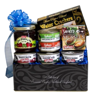 Island Gourmet Gift basket full of local canned seafood and gourmet pantry items