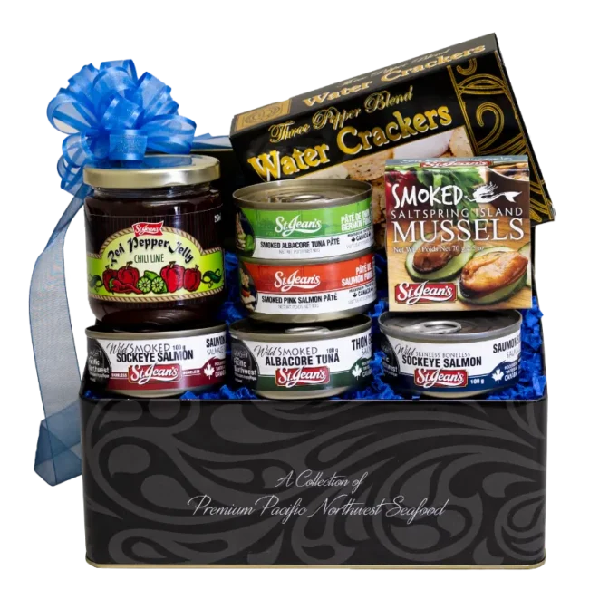 Island Gourmet Gift basket full of local canned seafood and gourmet pantry items